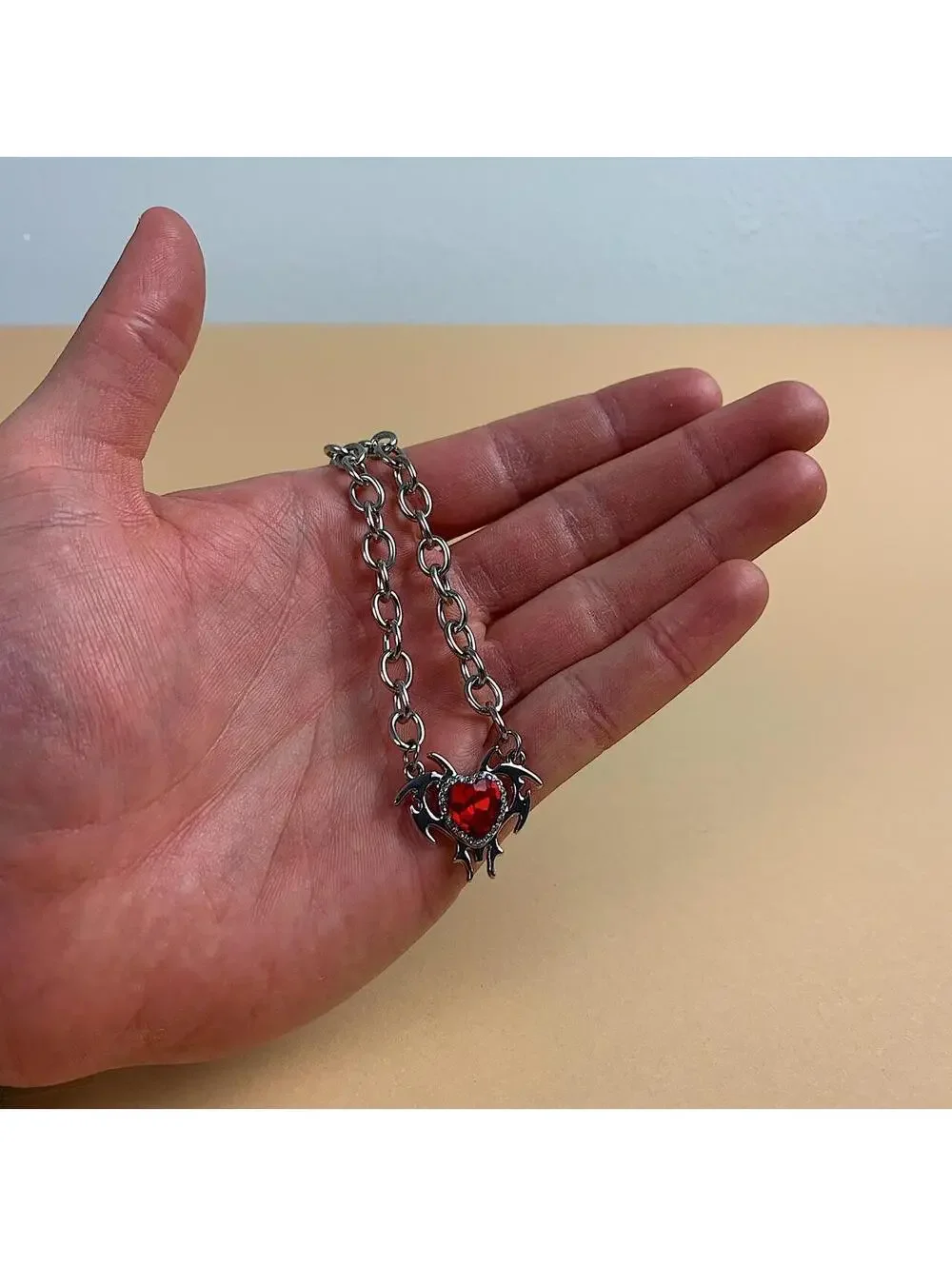 Cyber Red heart shaped opal love pendant thick chain y2k 2000s opium style neckl